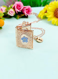Forget Me Not Miniature Book Locket Rose Gold Necklace, N2130RG