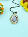 Forget Me Not Real Flower Oval Locket Bronze Necklace, Wedding Gift, N6934