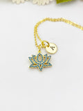 Gold Teal Lotus Charm Necklace,
