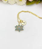 Gold Teal Lotus Charm Necklace,