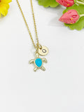 18K Gold Plated Sea Turtle Synthetic Opal Pendant Necklace, Ocean Gift Jewelry, N6892