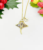 18K Gold Plated Abalone Paua Shell Manta Ray Charm Necklace, Sea Life Jewelry, N6893