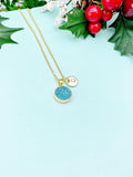 Gold Blue Natural Druzy Agate Charm Necklace, Dainty Gemstone Gift Jewelry, N5259G