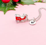 Silver-Tone Sleigh Charm Necklace with Hand Stamped Initial – Christmas Holiday Jewelry