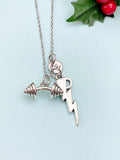 Silver Gym Weight Training Dumbbell Lightning Charm Necklace – Fitness Motivation Gift Jewelry, N987B