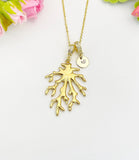 18K Gold Plated Coral Branch Necklace with Hand Stamped Initial Charm