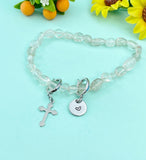 Silver Natural Quartz Cross and Initial Bracelets, N6951