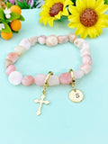 Natural Pink Opal Cross Bracelet with Personalized Initial Charm, Gemstone Jewelry, N6952