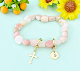 Natural Pink Opal Cross Bracelet with Personalized Initial Charm, Gemstone Jewelry, N6952