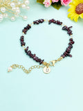 Gold Natural Garnet Bracelet with Pearl and Personalized Initial Charm, Gemstone Jewelry, N6955
