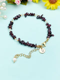 Gold Natural Garnet Bracelet with Pearl and Personalized Initial Charm, Gemstone Jewelry, N6955