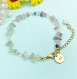Gold Natural Fluorite Bracelet with Pearl and Personalized Initial Charm, Gemstone Jewelry, N6958