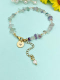 Gold Natural Fluorite Bracelet with Pearl and Personalized Initial Charm, Gemstone Jewelry, N6958