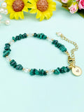 Gold Natural Malachite Bracelet with Pearl and Personalized Initial Charm, Gemstone Jewelry, N6959
