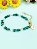 Gold Natural Malachite Bracelet with Pearl and Personalized Initial Charm, Gemstone Jewelry, N6959