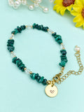 Gold Natural Malachite Bracelet with Pearl and Personalized Initial Charm, Gemstone Jewelry, N6959