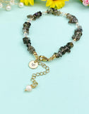 Gold Natural Obsidian Bracelet with Pearl and Personalized Initial Charm, Gemstone Jewelry, N6960
