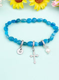 Silver Apatite Stretch Bracelet with Pearl Cross and Personalized Initial Charm, Gemstone Jewelry, N6962