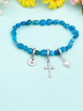 Silver Apatite Stretch Bracelet with Pearl Cross and Personalized Initial Charm, Gemstone Jewelry, N6962