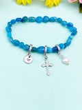 Silver Apatite Stretch Bracelet with Pearl Cross and Personalized Initial Charm, Gemstone Jewelry, N6962
