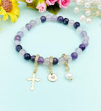Gold Fluorite Stretch Bracelet with Pearl Cross and Personalized Initial Charm, Gemstone Jewelry, N6963