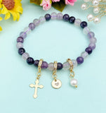 Gold Fluorite Stretch Bracelet with Pearl Cross and Personalized Initial Charm, Gemstone Jewelry, N6963