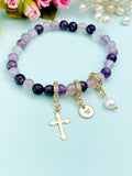 Gold Fluorite Stretch Bracelet with Pearl Cross and Personalized Initial Charm, Gemstone Jewelry, N6963