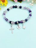 Silver Fluorite Stretch Bracelet with Pearl Cross and Personalized Initial Charm, Gemstone Jewelry, N6963S