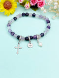 Silver Fluorite Stretch Bracelet with Pearl Cross and Personalized Initial Charm, Gemstone Jewelry, N6963S