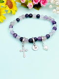 Silver Fluorite Stretch Bracelet with Pearl Cross and Personalized Initial Charm, Gemstone Jewelry, N6963S