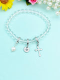 Natural Quartz Stretch Bracelet with Pearl Cross Charm, Personalized Initial Jewelry