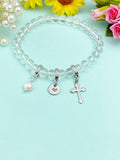 Natural Quartz Stretch Bracelet with Pearl Cross Charm, Personalized Initial Jewelry