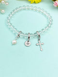 Natural Quartz Stretch Bracelet with Pearl Cross Charm, Personalized Initial Jewelry