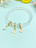 Natural Quartz Bracelet with Pearl Cross and Initial Charm