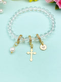 Natural Quartz Bracelet with Pearl Cross and Initial Charm