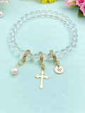 Natural Quartz Bracelet with Pearl Cross and Initial Charm