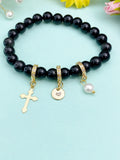 Natural Obsidian Stretch Bracelet with Pearl Cross, Initial Charm, Gemstone Jewelry