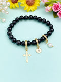 Natural Obsidian Stretch Bracelet with Pearl Cross, Initial Charm, Gemstone Jewelry
