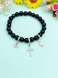 Natural Obsidian Stretch Bracelet with Pearl Cross Charm, Personalized Initial Jewelry