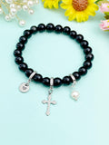 Natural Obsidian Stretch Bracelet with Pearl Cross Charm, Personalized Initial Jewelry