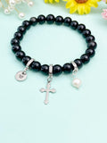 Natural Obsidian Stretch Bracelet with Pearl Cross Charm, Personalized Initial Jewelry