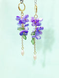Gold Purple Flower Charm Earrings, Lilac Sakura Cherry Blossom, Natural Pearl, N6005P
