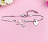 Silver Stethoscope Heart Charm Bracelet, Personalized Initial Jewelry