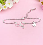 Silver Stethoscope Heart Charm Bracelet, Personalized Initial Jewelry