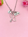 Stethoscope Necklace with Initial Charm, Doctor Briefcase Pendant, Silver-Tone Jewelry