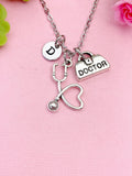 Stethoscope Necklace with Initial Charm, Doctor Briefcase Pendant, Silver-Tone Jewelry