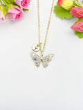 18K Gold Plated Pink Butterfly Cubic Zirconia Pendant Necklace, Dainty Gift for Her, N6980