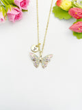 18K Gold Plated Pink Butterfly Cubic Zirconia Pendant Necklace, Dainty Gift for Her, N6980