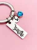 Silver Grasshopper Charm Keychain, Personalized Initial and Birthstone Gift, D648