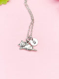 Silver Cat Charm Necklace with Initial, Dainty Personalized Gift for Cat Lovers, N976